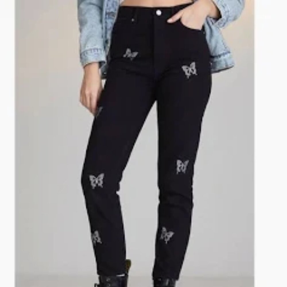 PacSun Butterfly Slim Jeans Black Rhinestone High Rise Women's Size‎ 25